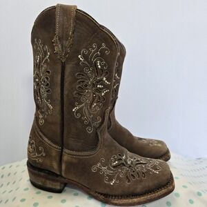 Tanner Mark Kids Size 9 Chocolate Brown Shimmer Square Toe Leather Girls Boots